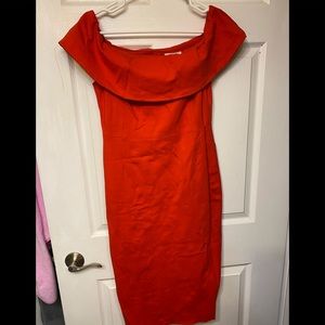 Babaton Ruslan dress-bright orange/red flattering fitted off shoulder midi dress